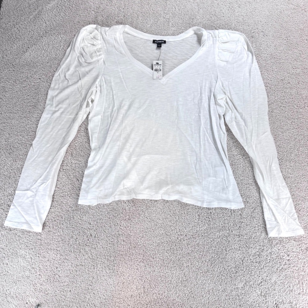 Express Womens White Puff Sleeve V-Neck Long Sleeve Slub Knit Top XL NEW